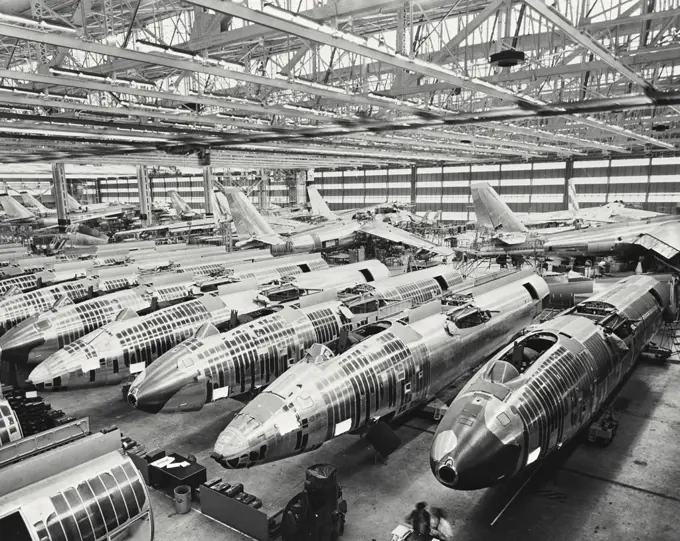 Boeing B-47 Stratojets being built at the Wichita, Kansas Division of Boeing. The Stratojets travel 600 mile an hour and have swept wing