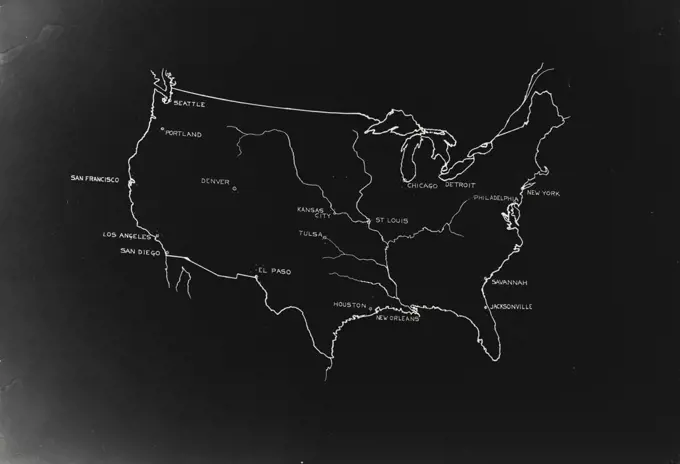 Vintage photograph. Outline of United States with major city locations and major rivers in the central part of the country. White marking on black background