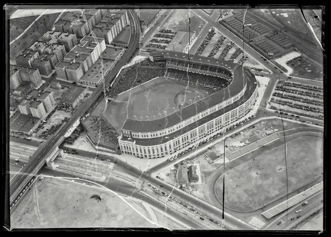 Vintage photograph. Aerial view of Yankee Stadium during opening day, New York City