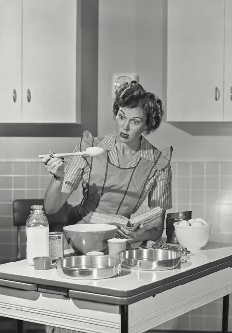 Vintage photograph. Mid adult woman preparing food with the help of a cookbook