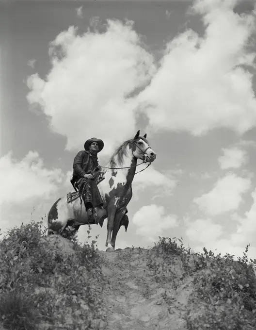 Low angle view of a cowboy horseback riding