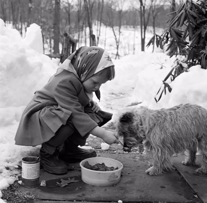 Girl feeding dog