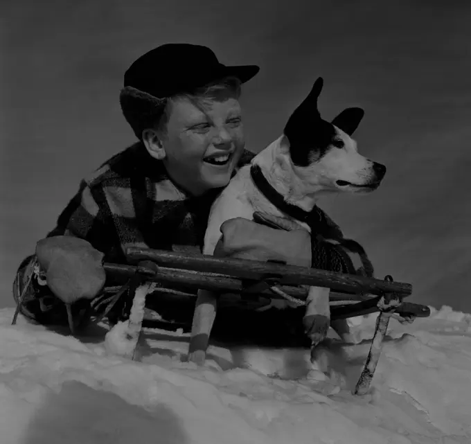 Boy sledging with dog