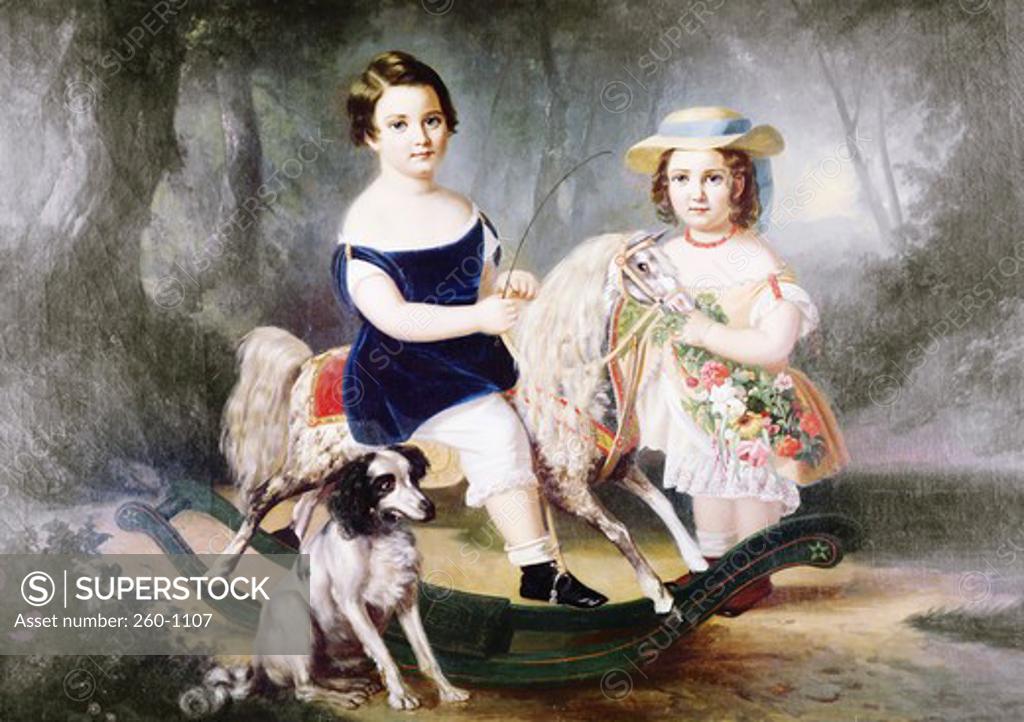 Stock Photo: 260-1107 Two Girls and Rocking Horse by unknown painter, Artist Unknown