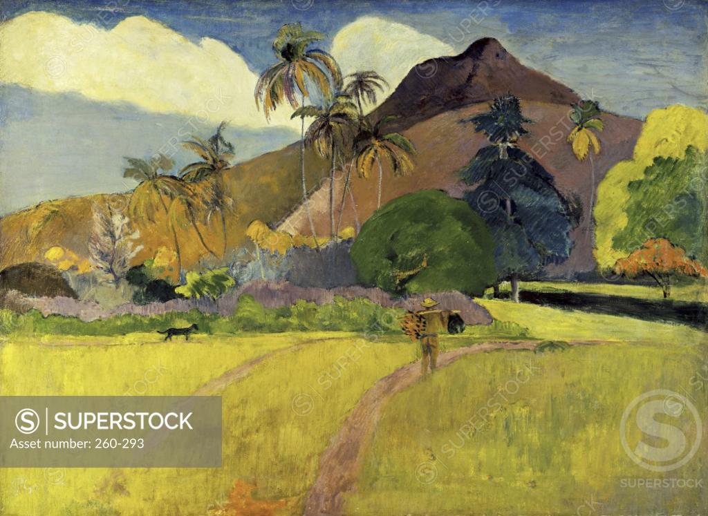 Stock Photo: 260-293 Tahitian Landscape with a Mountain 1893 Paul Gauguin (1848-1903 French) Oil on canvas Minneapolis Institute of Art, Minneapolis, Minnesota
