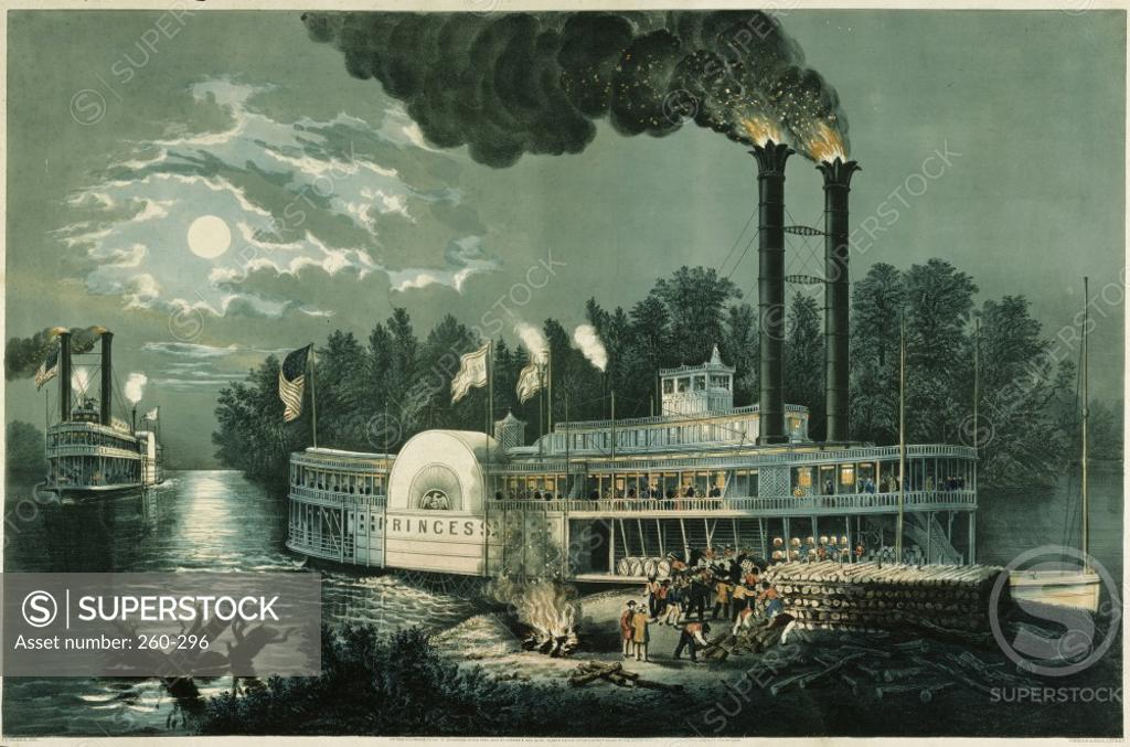 Stock Photo: 260-296 Wooding-Up on the Mississippi Currier & Ives (active 1857-1907/ American)  Color Lithograph  