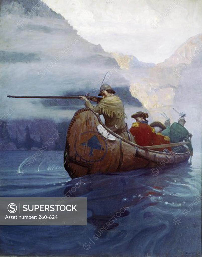 Stock Photo: 260-624 Flight across lake by Newell Convers Wyeth from Last of the Mohicans, oil on canvas, 1919, 1882-1945, USA, Pennsylvania, Chadds Ford, Brandywine River Museum