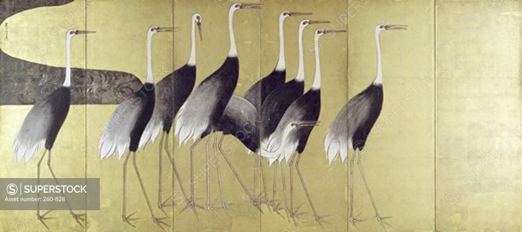 Stock Photo: 260-828 Cranes on Folding Screen Ogata Korin (1658-1716 Japanese)