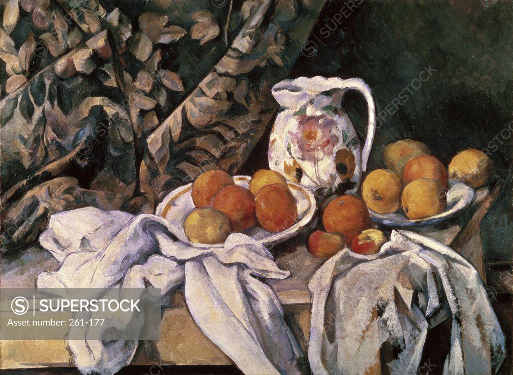 Stock Photo: 261-177 Curtain, Carafe, and Fruit 1895 Paul Cezanne (1839-1906 French) Oil on Canvas State Hermitage Museum, St. Petersburg, Russia