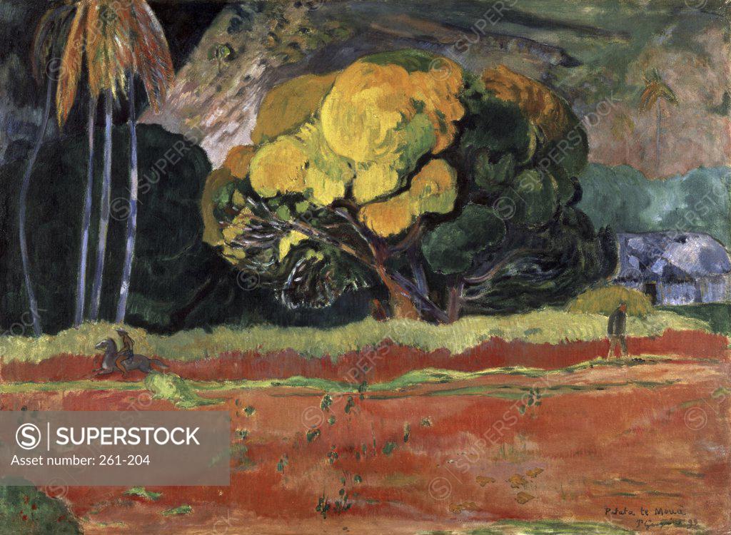 Stock Photo: 261-204 At the Foot of a Mountain (Fatata Te Moua) 1892 Paul Gauguin (1848-1903/French) Oil on canvas State Hermitage Museum, St. Petersburg, Russia