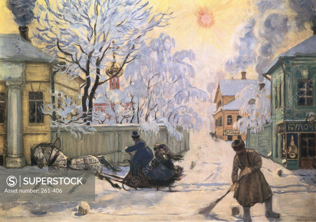 Stock Photo: 261-406 Frosty Day  Boris Mihajlovic Kustodiev (1878-1927 /Russian)  Oil on Canvas  Russian State Museum, St. Petersburg 