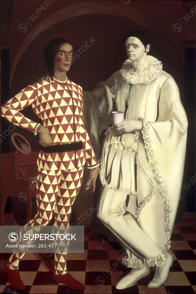 Stock Photo: 261-477 Harlequin and Pierrot by Vasilij Suhaev, oil on board, 1914, 1887-1973, Russia, St. Petersburg, Russian State Museum