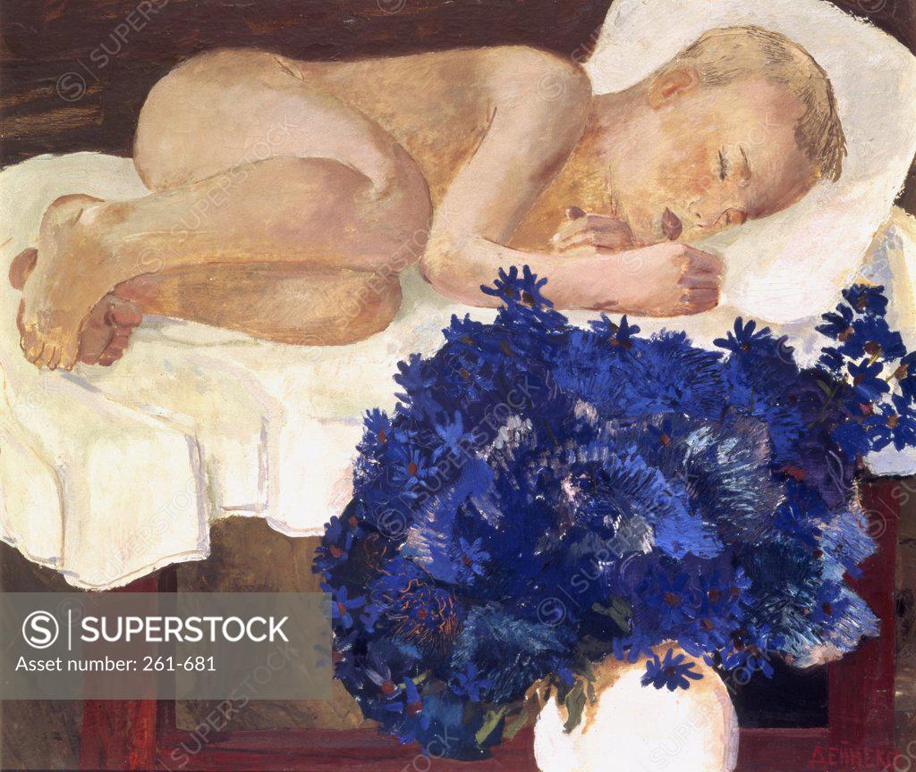 Stock Photo: 261-681 Sleeping Child with Cornflowers by Alexander Deineka, 1932, 1899-1969, Private Collection
