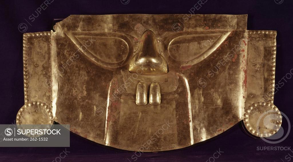 Stock Photo: 262-1532 Gold Mask  14th C., Chimu Culture, Peru Pre-Columbian  
