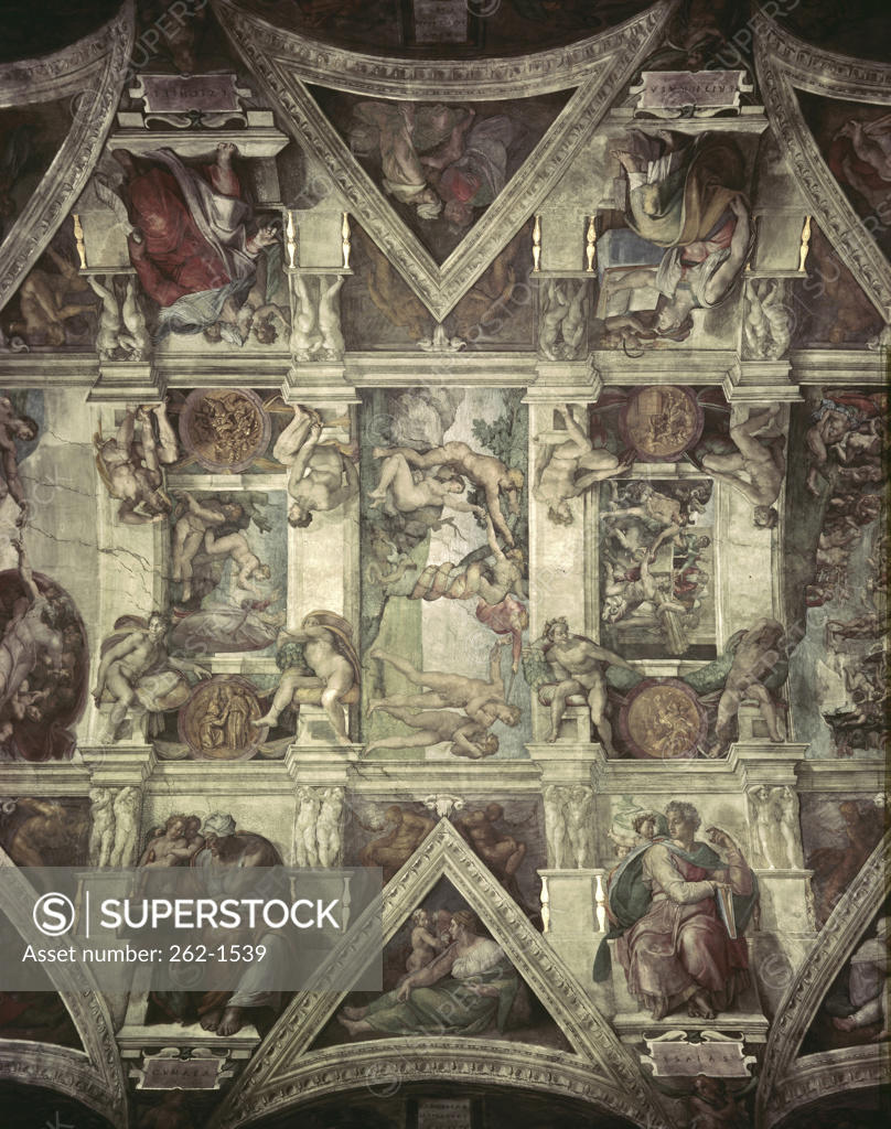 Stock Photo: 262-1539 Sacrifice of Noah, Expulsion, Creation of Eve  Michelangelo Buonarroti (1475-1564/Italian)  Fresco  Sistine Chapel, Vatican 