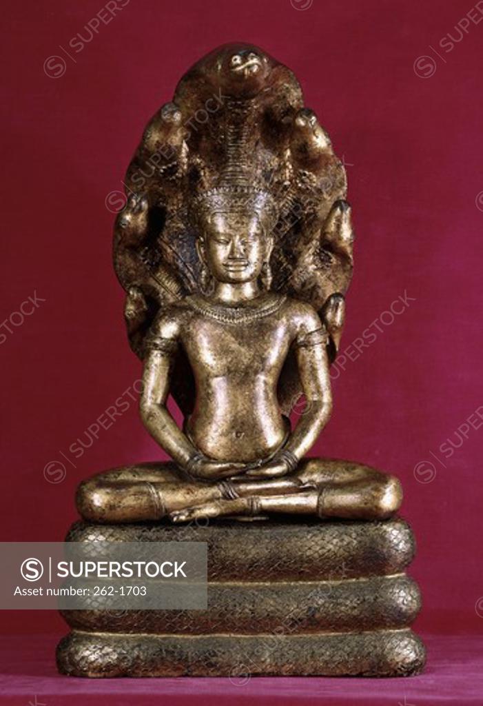 Stock Photo: 262-1703 Buddha Sheltered by the Cobra (Style of Angkor Wat) Cambodian Art    12th Century Bronze Private Collection 