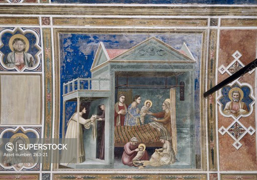 Stock Photo: 263-21 The Birth of the Virgin 1303-1305 Giotto (ca.1266-1337 Italian) Fresco Capella degli Scrovegni, Padua, Italy