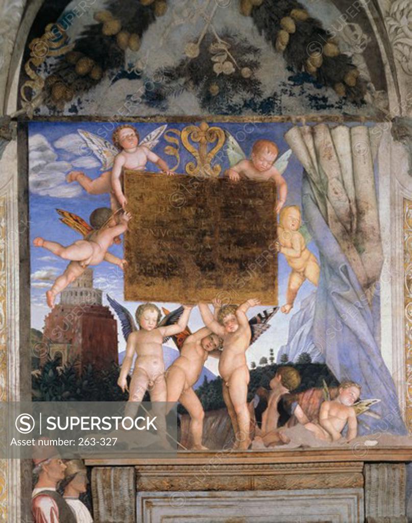 Stock Photo: 263-327 Camera Degli Sposi : Holding Dedicatory Tablet Andrea Mantegna (1431-1506 Italian) Palazzo Ducale, Mantua, Italy 