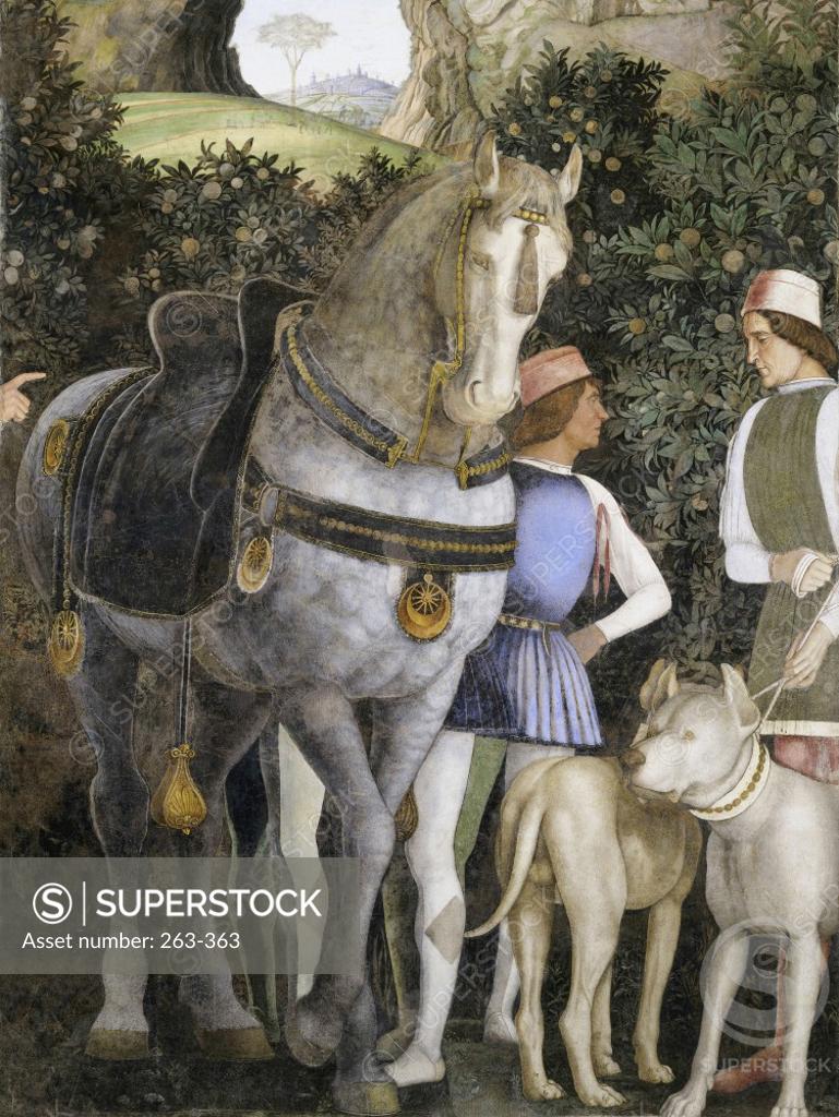Stock Photo: 263-363 Camera degli Sposi: Grooms with Horse and Two Dogs (Detail) Andrea Mantegna (1431-1506/ Italian)  Fresco  Palazzo Ducale, Mantua 