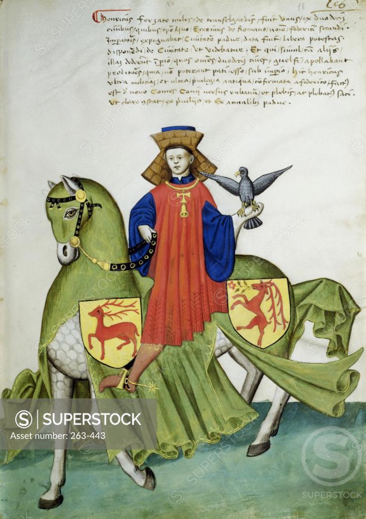 Stock Photo: 263-443 Red Knight and Green Horse:  Capodilista Codex  Manuscript Illumination  Biblioteca Civica, Padua 