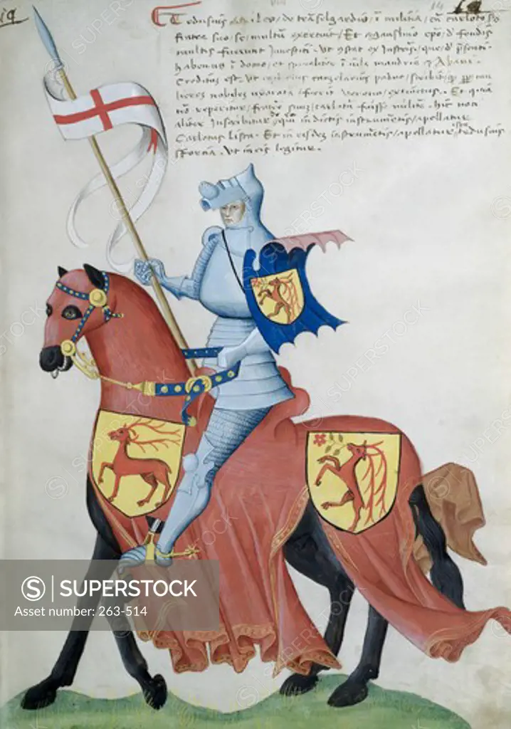 Knight on Red Horse with Yellow Flags: Capodilista Codex Manuscripts Civic Library of Padua