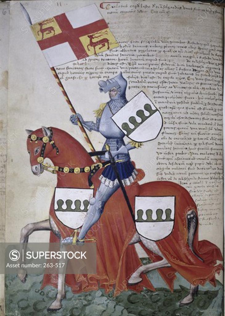 Stock Photo: 263-517 Knight with Green and White Shields on Red Horse: Capodilista Codex 15th Century Manuscripts Civic Library of Padua