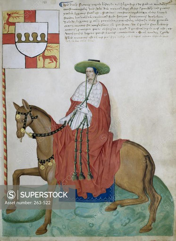 Stock Photo: 263-522 Horseback Rider with Green Hat and Long Tassels: Capodilista Codex Manuscripts Civic Library of Padua