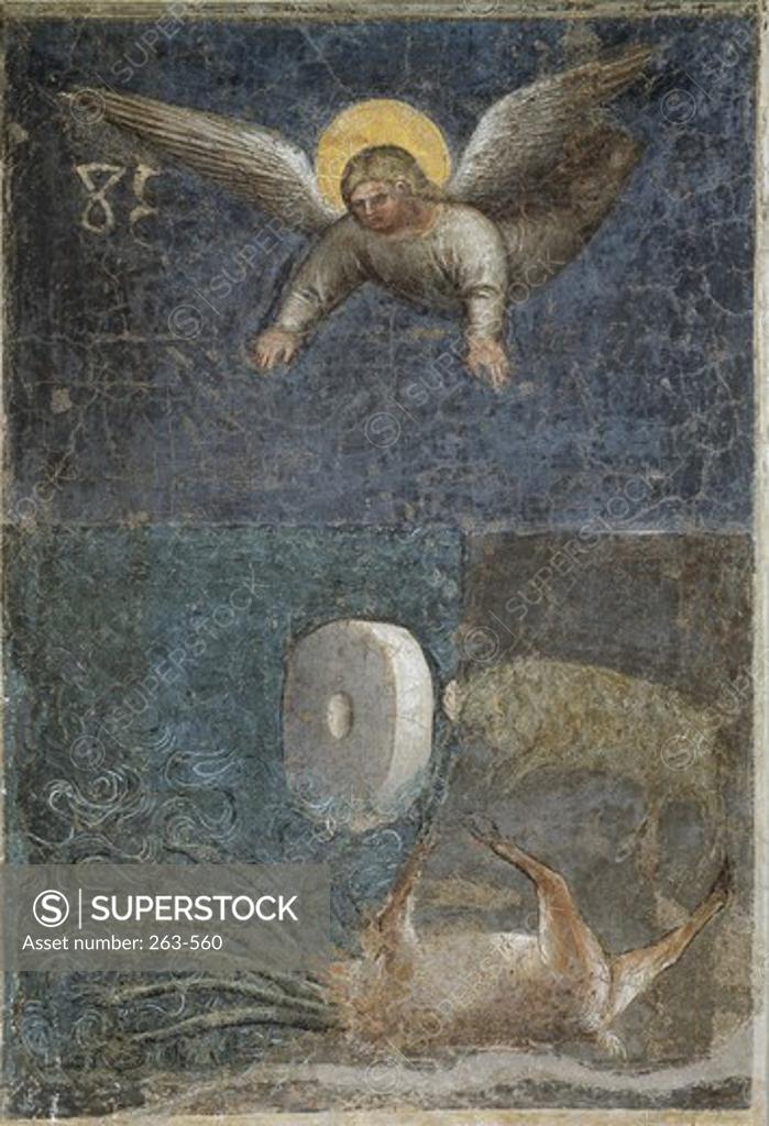 Stock Photo: 263-560 Angel Kills the Beast with a Rock as Big as a Milestone From Apocalypse: Descent of the Giusto di Giovanni de Menabuoi (Op. 1363-M.  1393/Italian) Baptistery of the Cathedral, Padua 