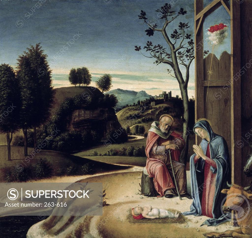 Stock Photo: 263-616 Birth of Jesus from the Pala Pesaro  Giovanni Bellini (c. 1430-1516/Italian ) Tempera on Board  Civic Museum, Pesaro, Italy 