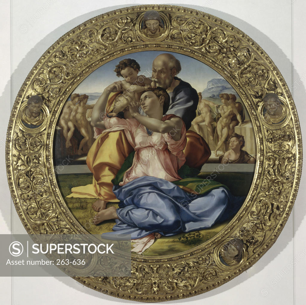 Stock Photo: 263-636 Holy Family With Young St. John (Doni Tondo) ca.1505-1507 Michelangelo Buonarroti (1475-1564/Italian)  Tempera on wood Galleria degli Uffizi, Florence 
