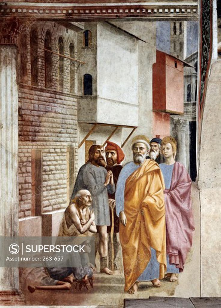 Stock Photo: 263-657 Saint Peter Following Saint John as He Heals the Sick With His Shadow 1426-82 Masaccio (1401-1428 Italian) Fresco Cappella Brancacci, Santa Maria del Carmine,  Florence, Italy