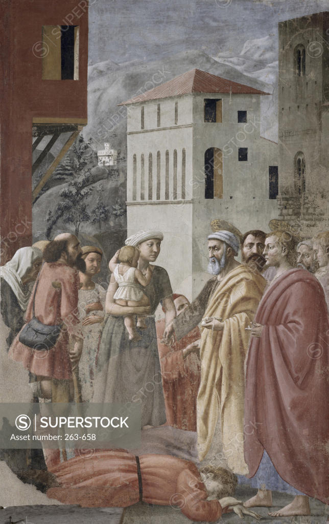 Stock Photo: 263-658 Saint Peter and Saint John Distribute the Goods to the Community by Masaccio,  fresco,  (1401-1428),  Italy,  Florence,  Santa Maria del Carmine,  The Brancacci Chapel