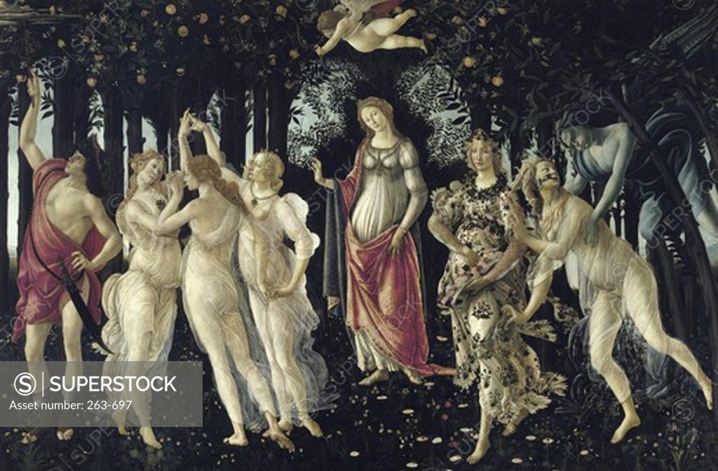 Stock Photo: 263-697 La Primavera   ca. 1481 Sandro Botticelli (1444-1510 Italian)  Tempera on wood Galleria degli Uffizi, Florence, Italy  