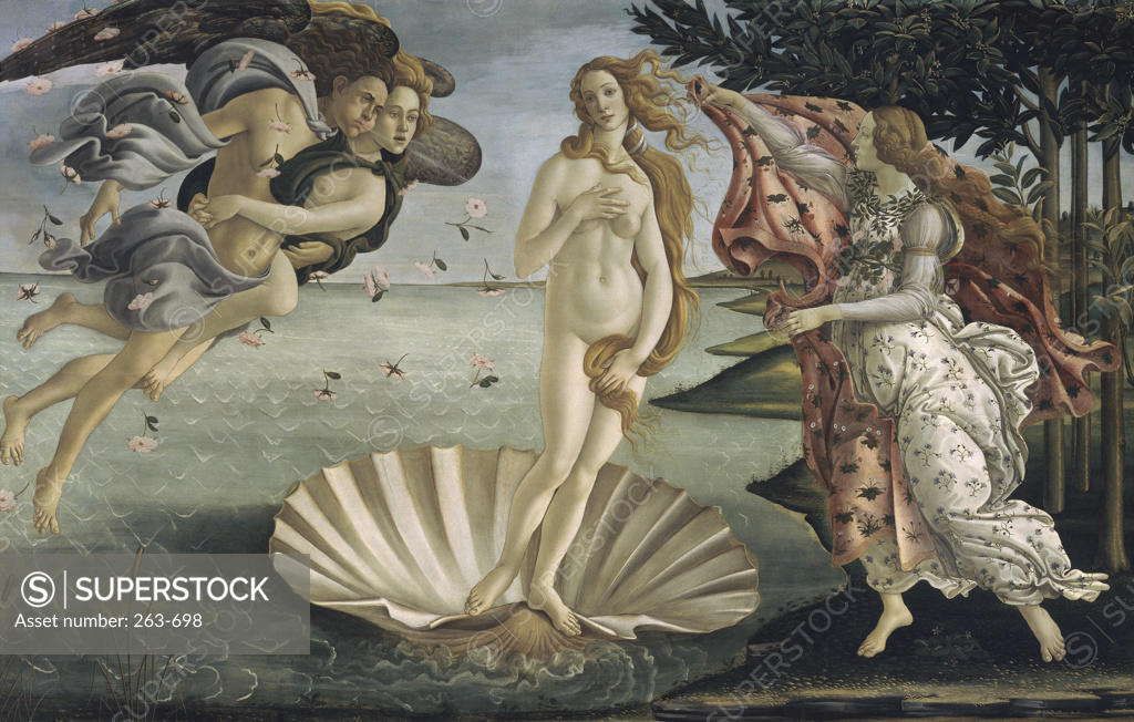 Stock Photo: 263-698 The Birth of Venus  ca. 1484 Sandro Botticelli (1444-1510 Italian)  Tempera on wood panel Galleria degli Uffizi, Florence, Italy
