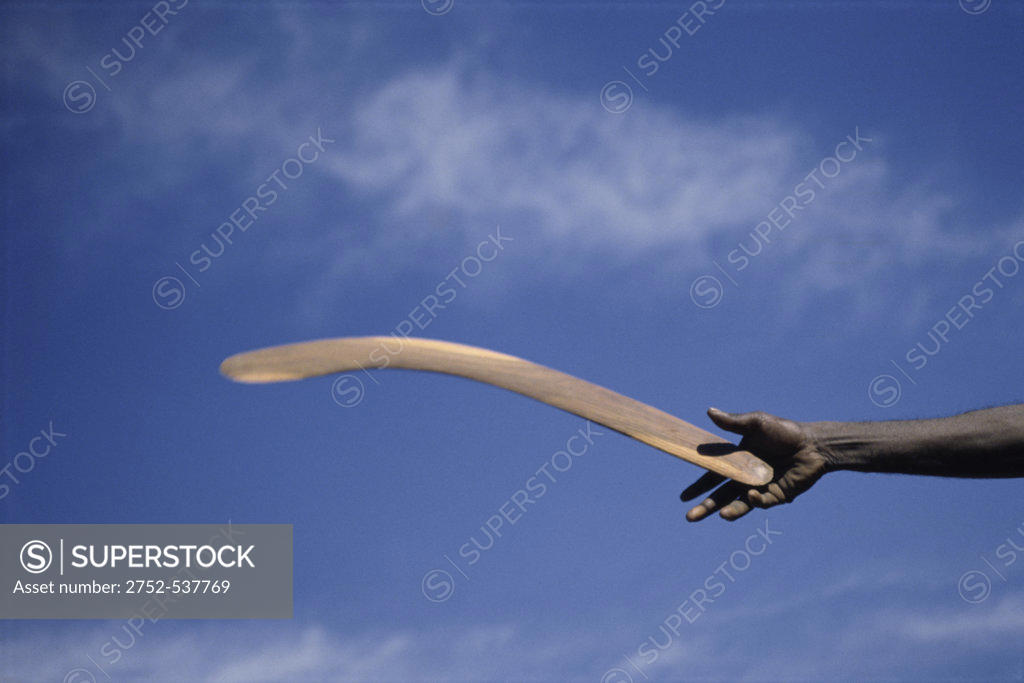 Stock Photo: 2752-537769 Throwing Non- Return, Fighting Boomerang, Australia