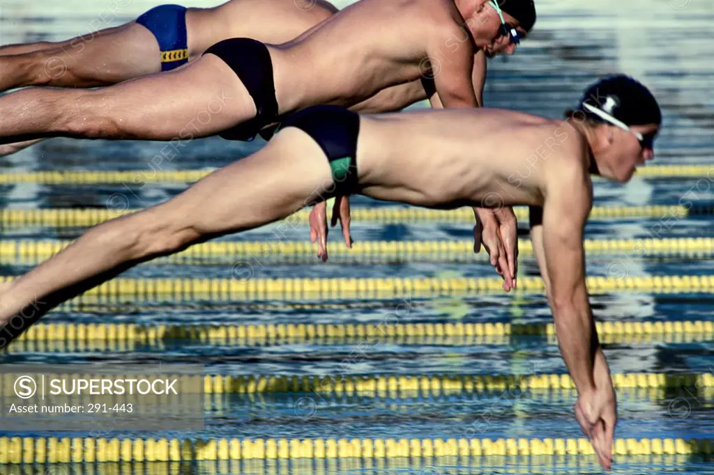 Side profile of three swimmers jumping into a swimming pool