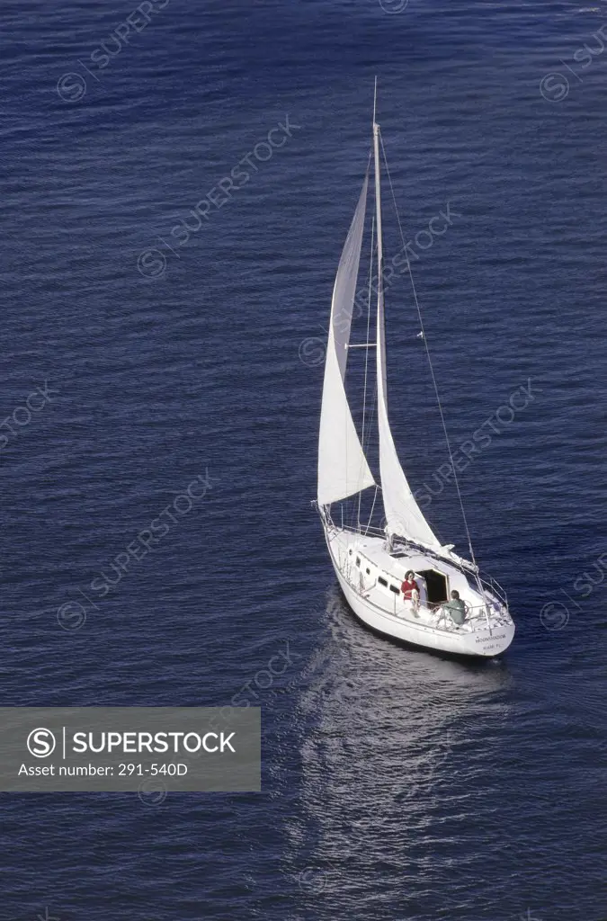 High angle view of two people in a sailboat