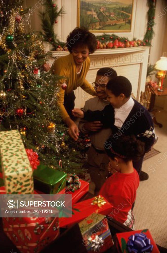 Stock Photo: 292-1931L Mid adult couple with their children decorating a Christmas tree