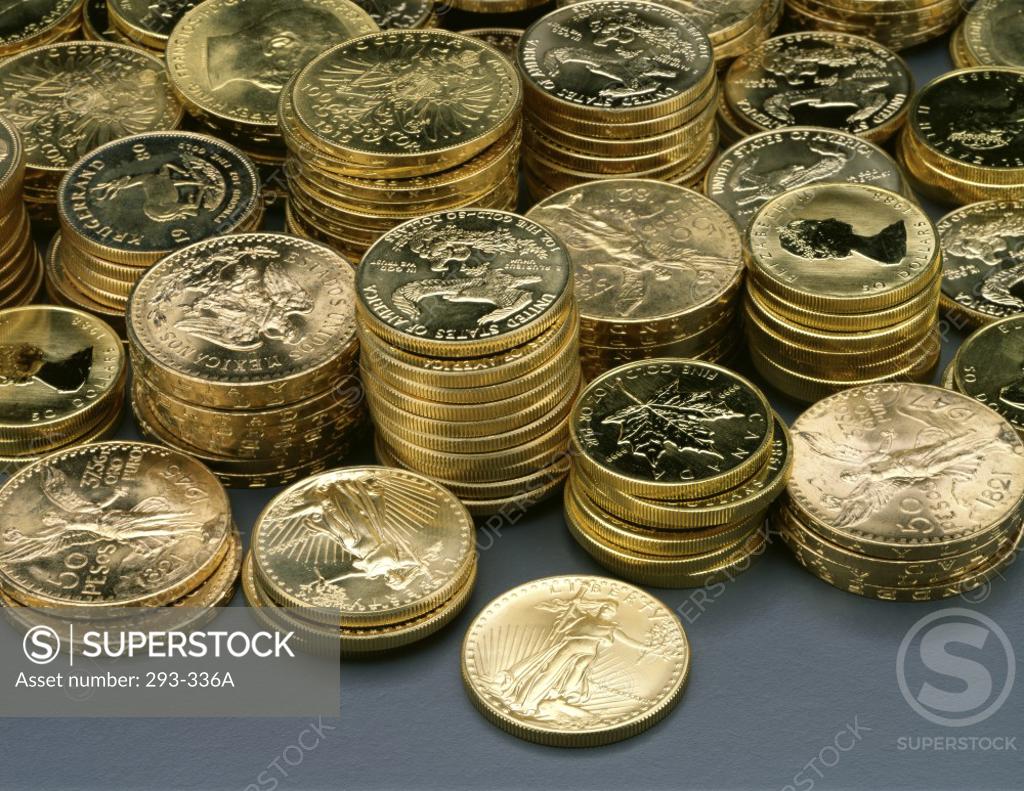 Stock Photo: 293-336A Close-up of stacks of gold coins