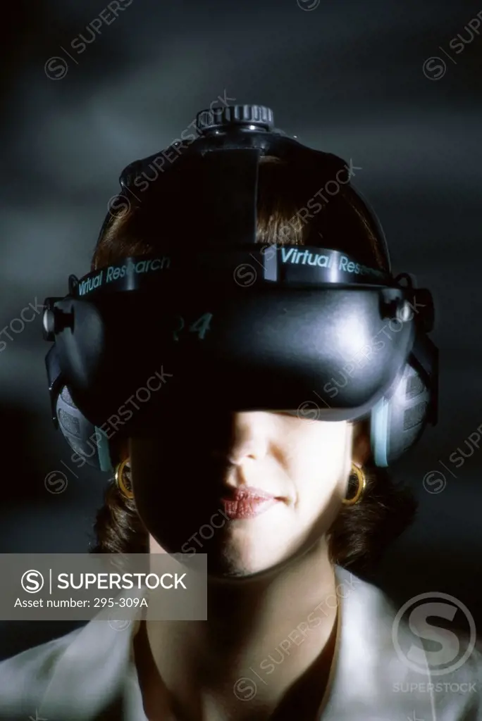Close-up of a young woman wearing a Virtual Reality Simulator