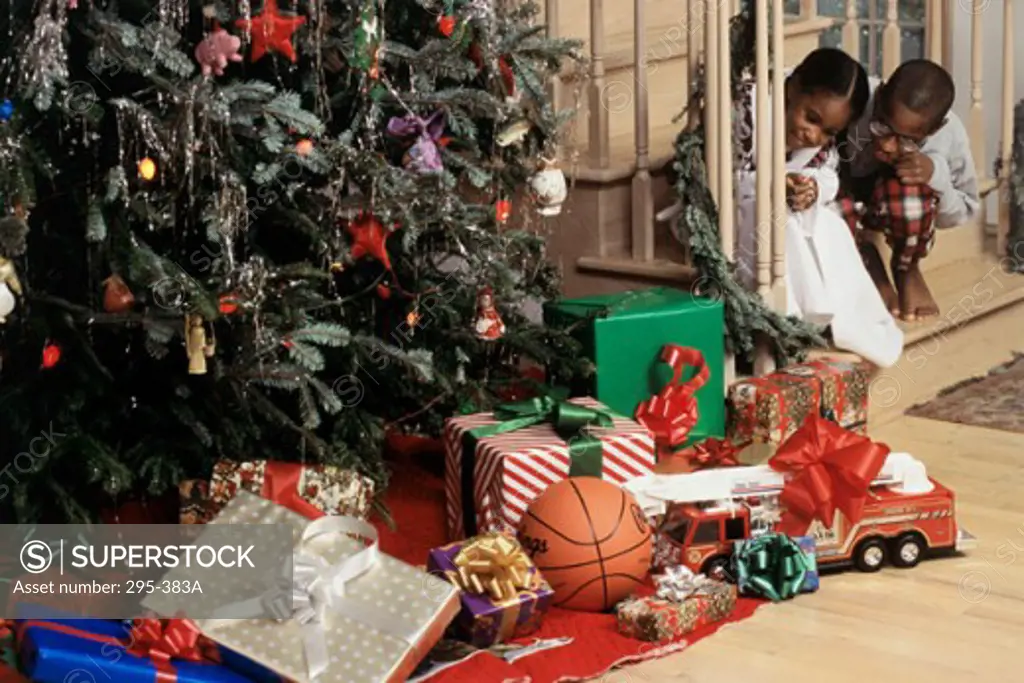 Girl with her brother sitting on a staircase and looking at Christmas presents