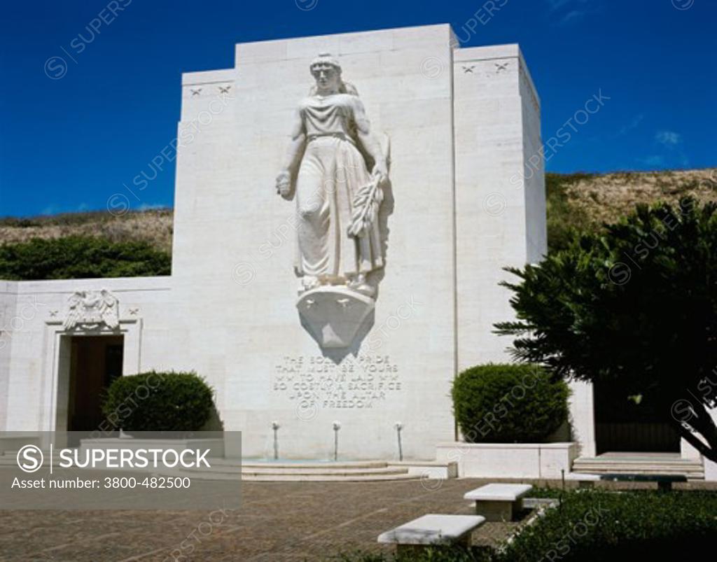 Stock Photo: 3800-482500 Statue on a wall, National Memorial Cemetery of the Pacific, Honolulu, Oahu, Hawaii, USA