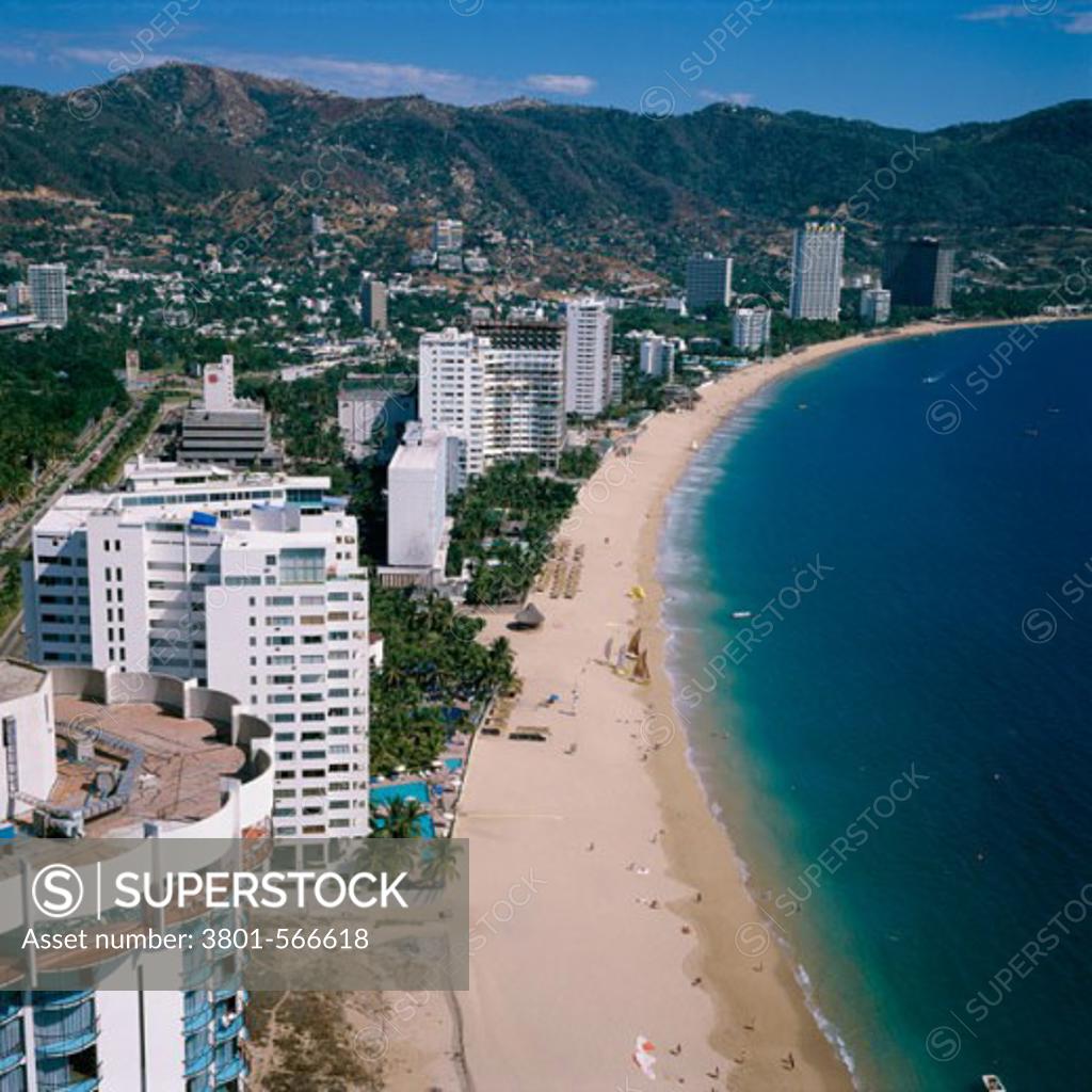 Stock Photo: 3801-566618 Aerial view of buildings on the waterfront, Acapulco, Guerrero, Mexico