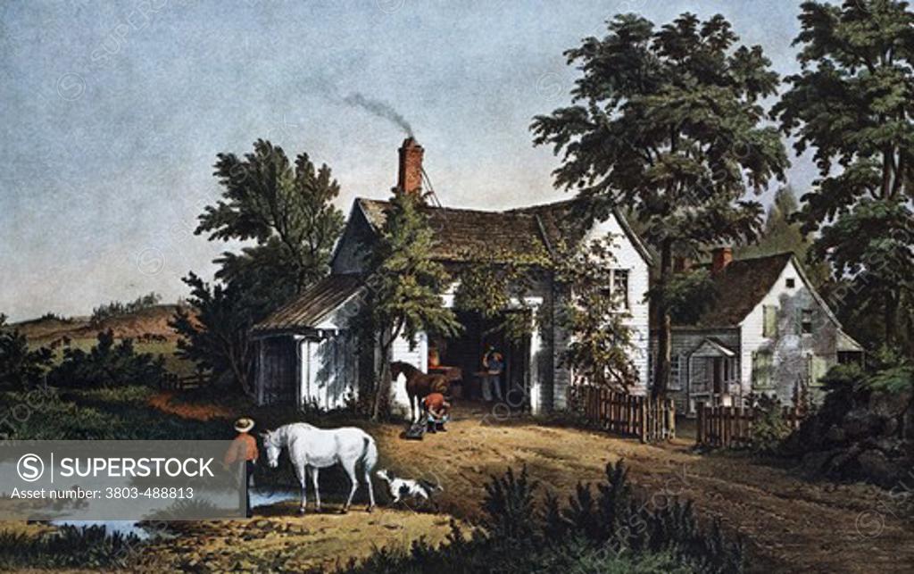 Stock Photo: 3803-488813 The Village Blacksmith Currier & Ives (active 1857-1907/American) 