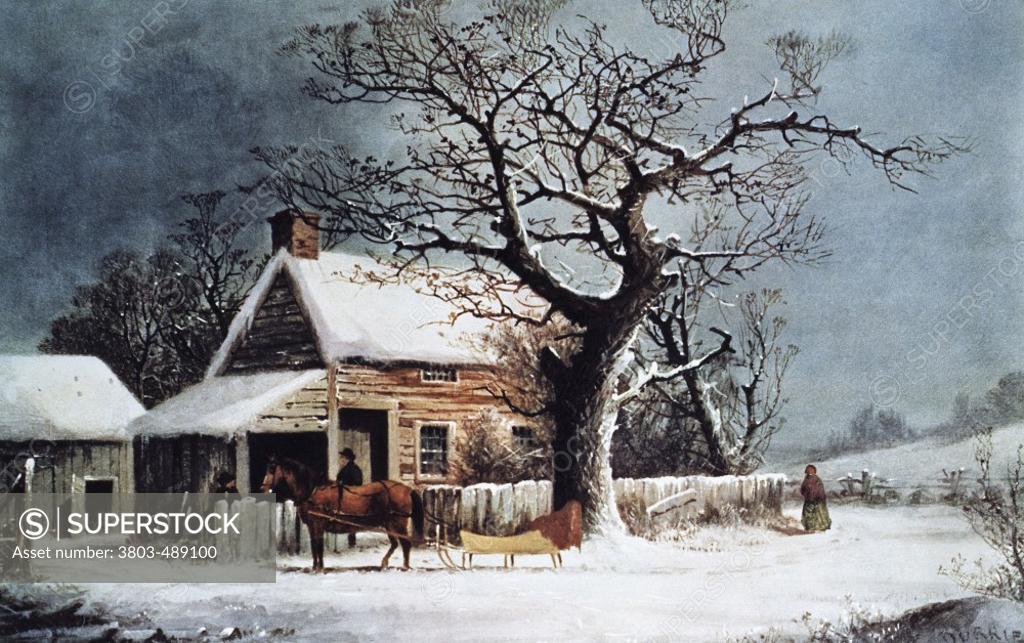 Stock Photo: 3803-489100 American Winter Scene, A Country Cabin Currier & Ives (1834-1907 American)