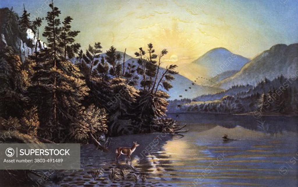 Stock Photo: 3803-491489 Sunrise on Lake Saranac Currier & Ives (active 1857-1907/American) 
