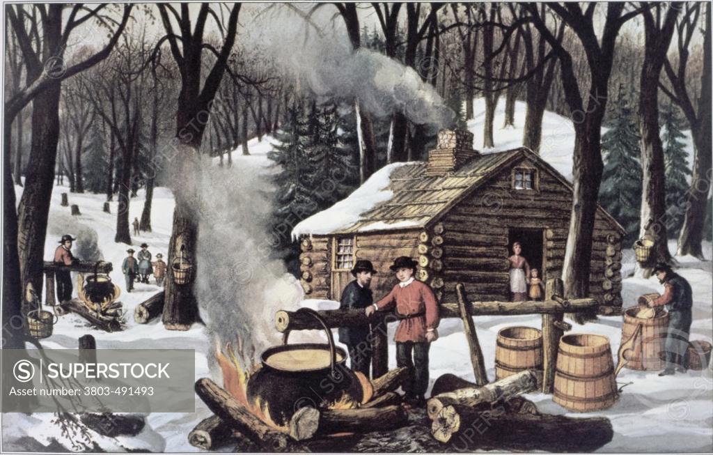 Stock Photo: 3803-491493 Maple Sugaring 1872 Currier & Ives (1834-1907 American) Lithograph