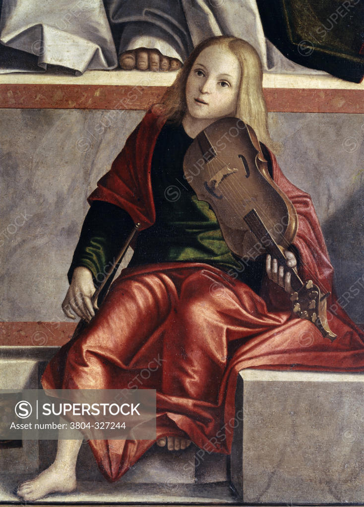 Stock Photo: 3804-327244 Child with Violin (Detail from The Presentation of Jesus in the Temple)  Vittore Carpaccio (ca.1455-1526 Italian)  Oil on wood panel  Galleria dell'Accademia, Venice 