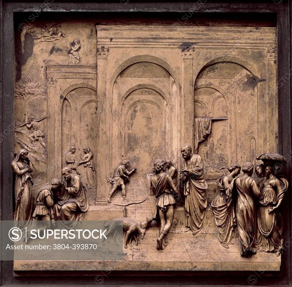 Stock Photo: 3804-393870 Gates of Paradise - Eastern Doors (Esau & Jacob) Lorenzo Ghiberti (1381-1455 Italian) Baptistry, Florence, Italy 