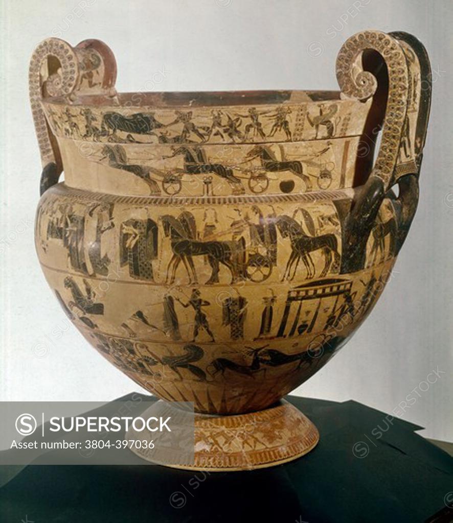 Stock Photo: 3804-397036 Italy, Florence, Museo Archeologico, Francois Vase by Kleitias and Ergotimos, 570 B.C